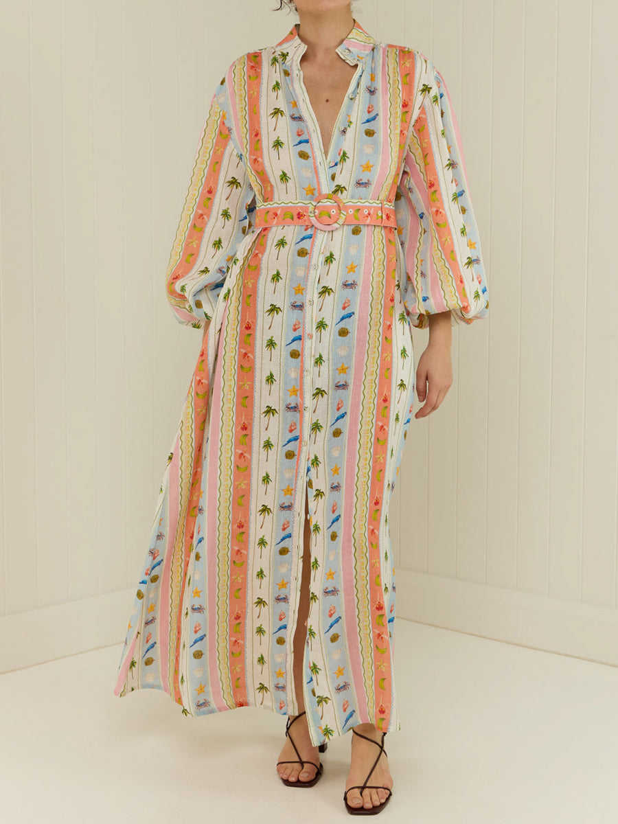 Printed Button Up Belted Maxi Dress