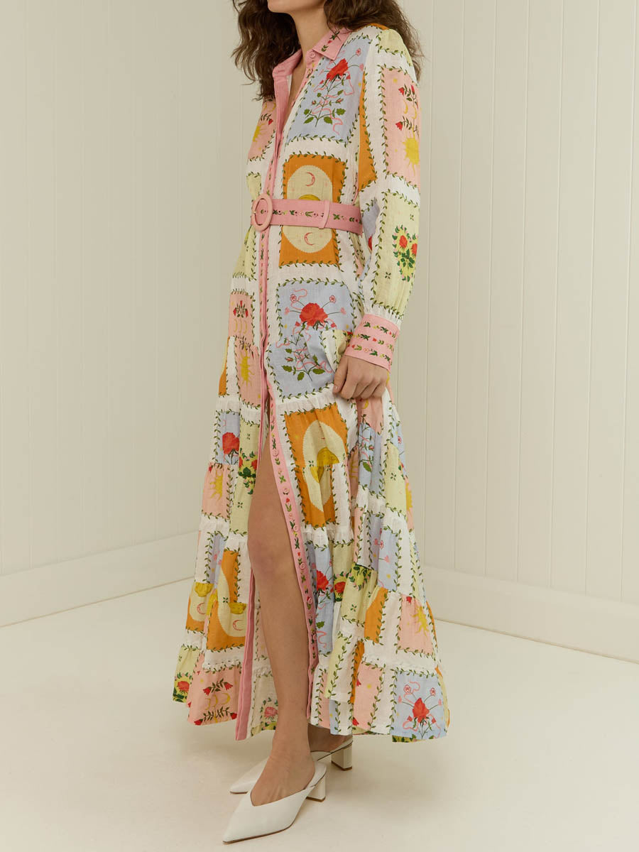 Printed Long Sleeve Belted Maxi Dress