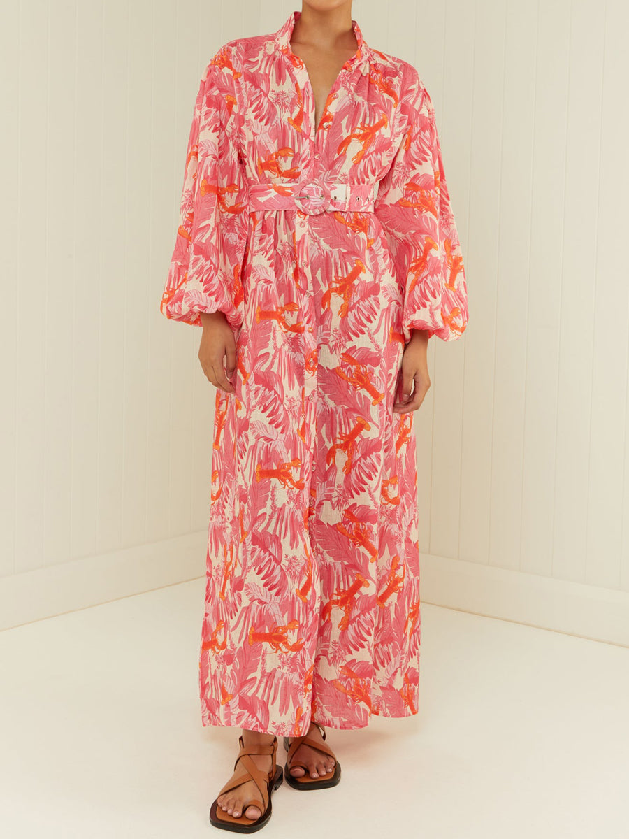 Printed Button Up Belted Maxi Dress