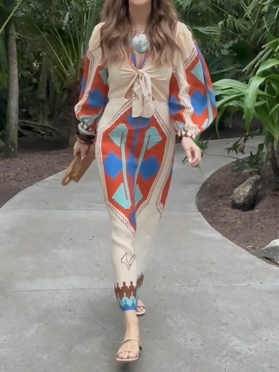 Printed Tie-detail V Neck Dress