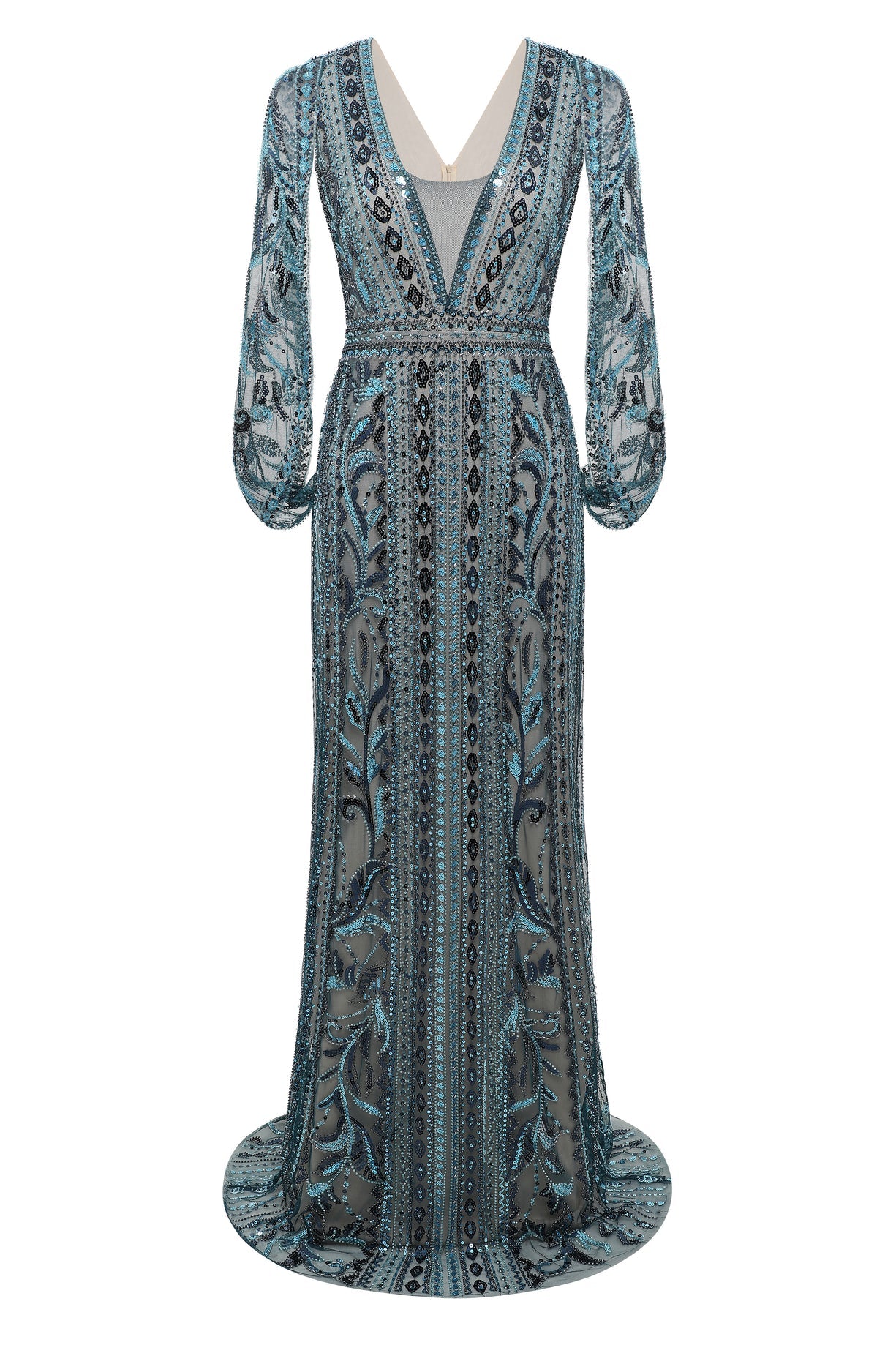 Glittering Sheer-Sleeve Sequined Evening Gown