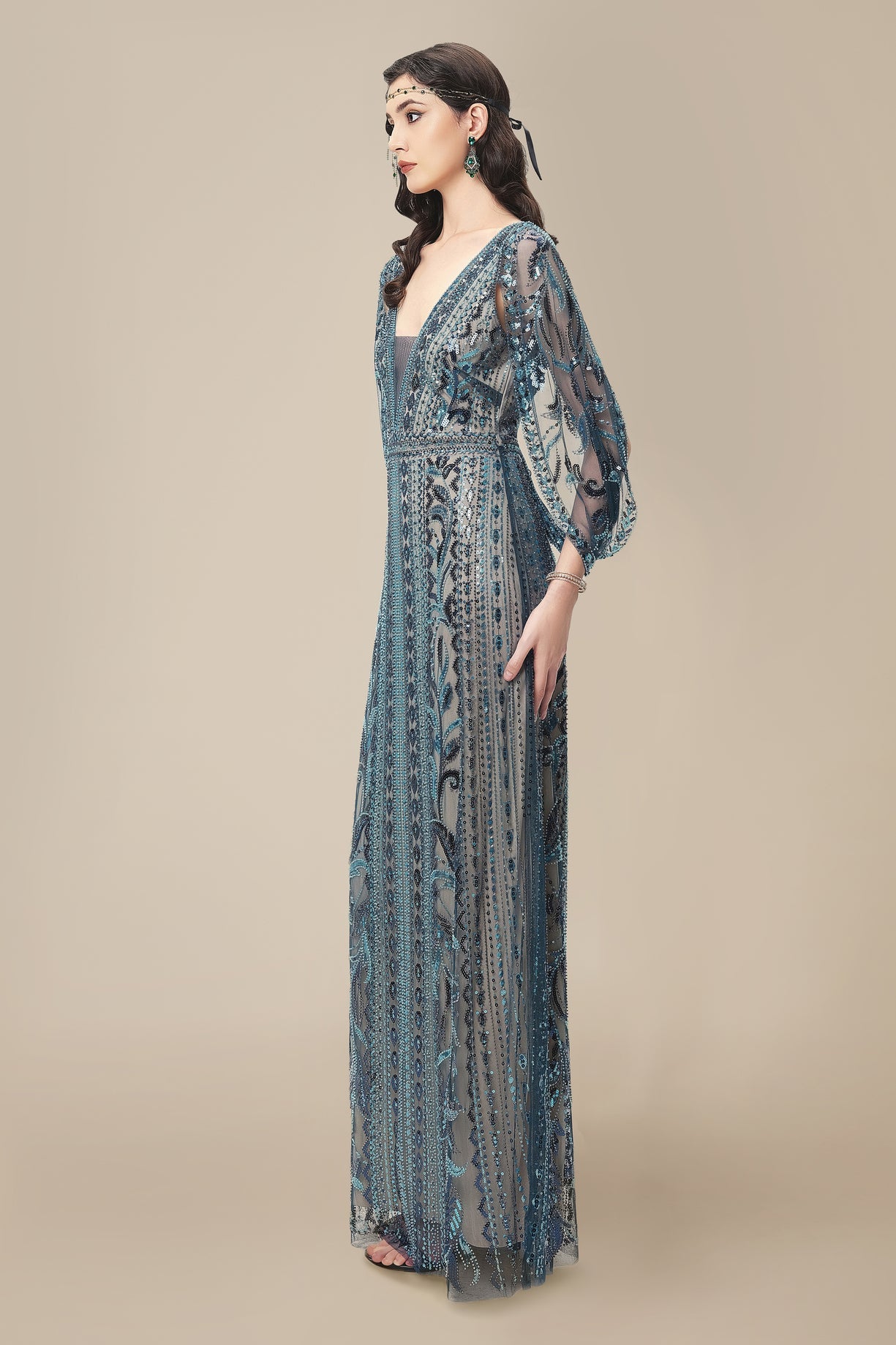 Glittering Sheer-Sleeve Sequined Evening Gown