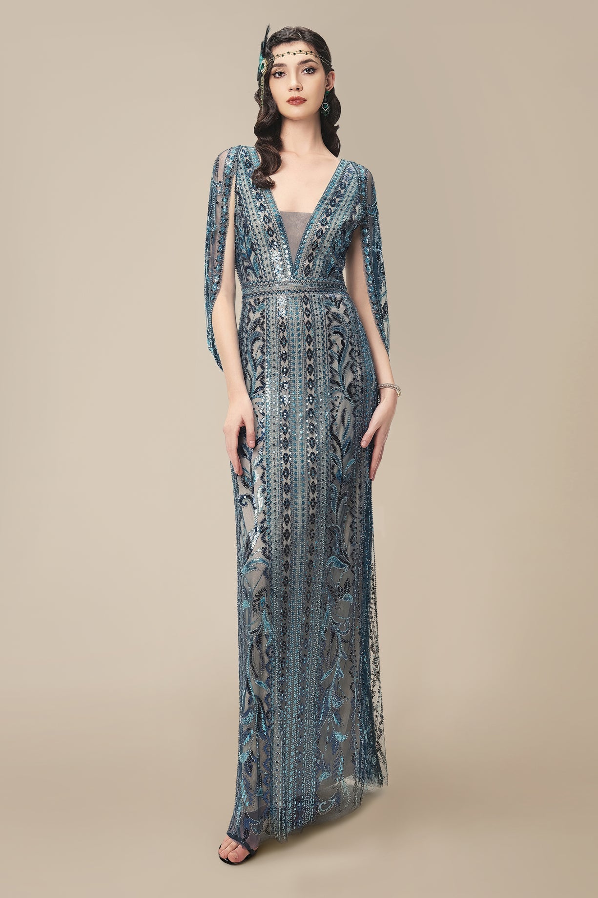 Glittering Sheer-Sleeve Sequined Evening Gown