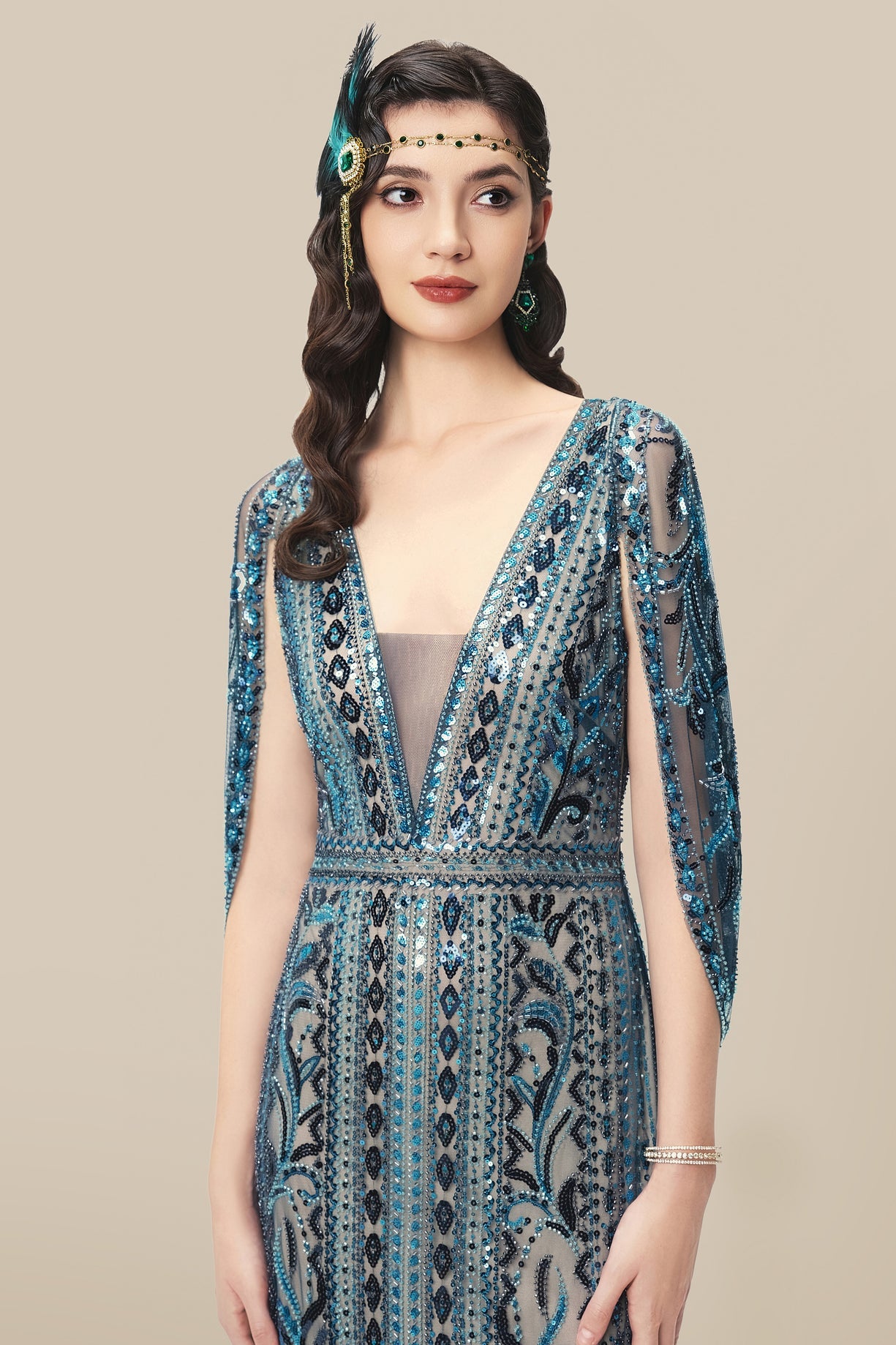 Glittering Sheer-Sleeve Sequined Evening Gown