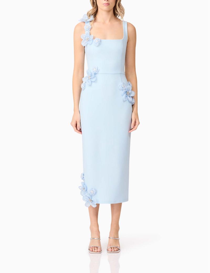 3D Midi Dress In Blue | Floral Detail