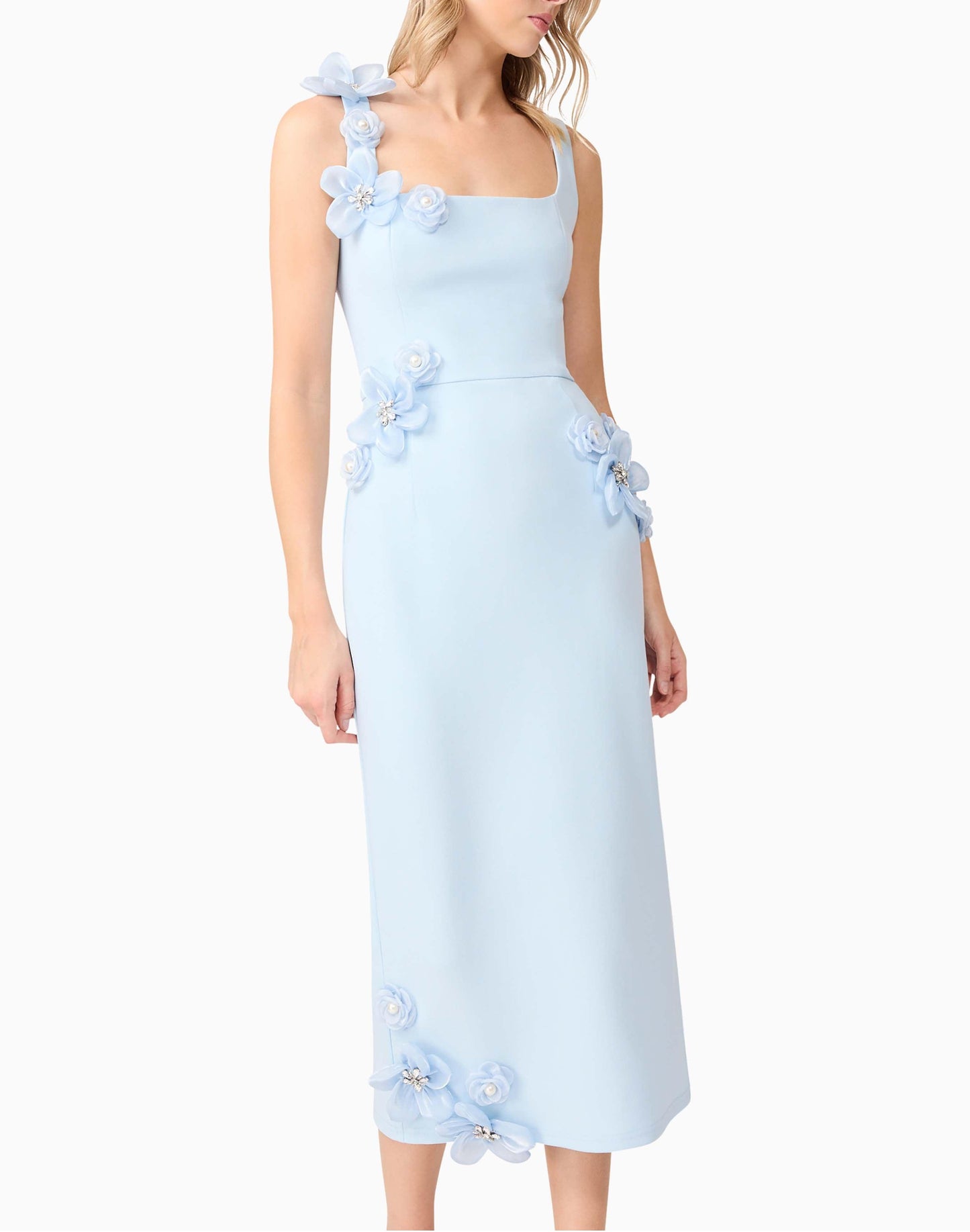 3D Midi Dress In Blue | Floral Detail