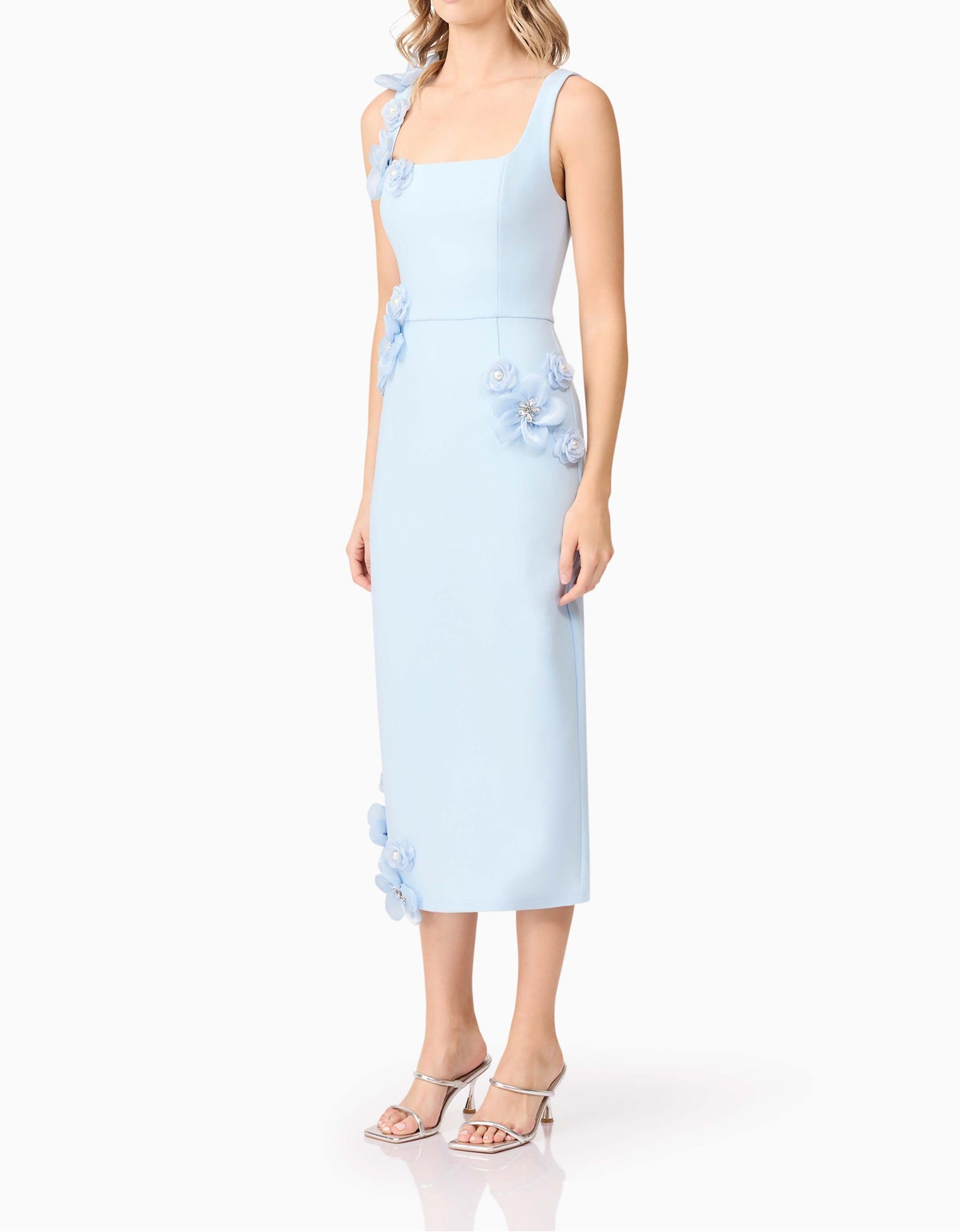 3D Midi Dress In Blue | Floral Detail