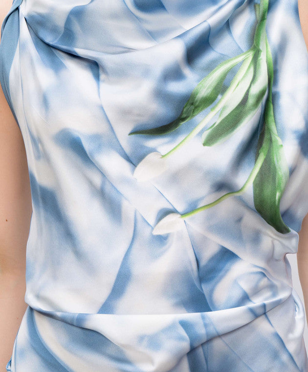 Asymmetric Draped Midi Dress In Ice Blue Satin Flowers