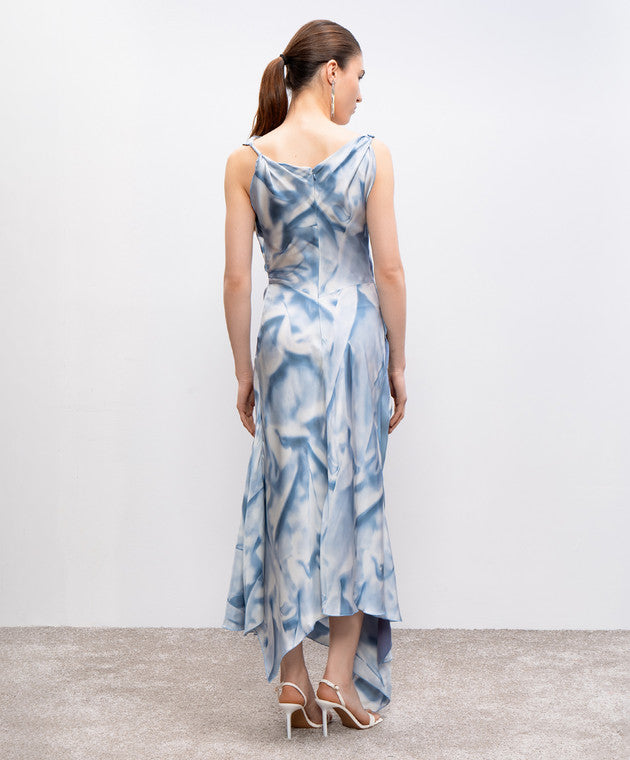 Asymmetric Draped Midi Dress In Ice Blue Satin Flowers