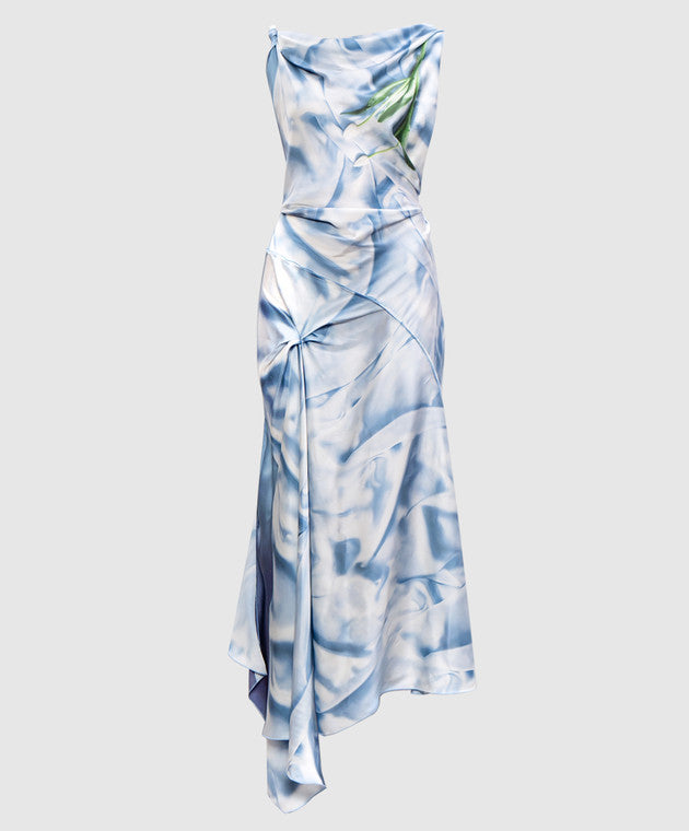 Asymmetric Draped Midi Dress In Ice Blue Satin Flowers
