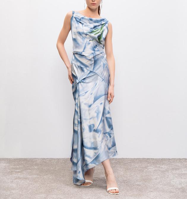 Asymmetric Draped Midi Dress In Ice Blue Satin Flowers