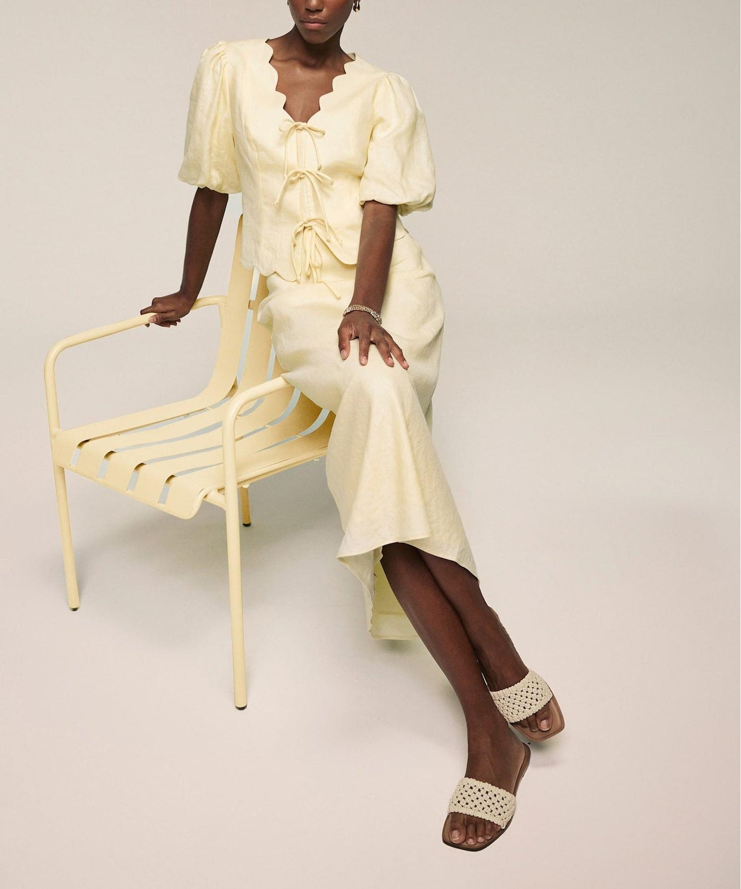 Yellow Linen Scallop Skirt Suit
