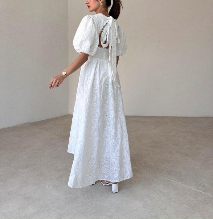White Backless Embroidered Dress