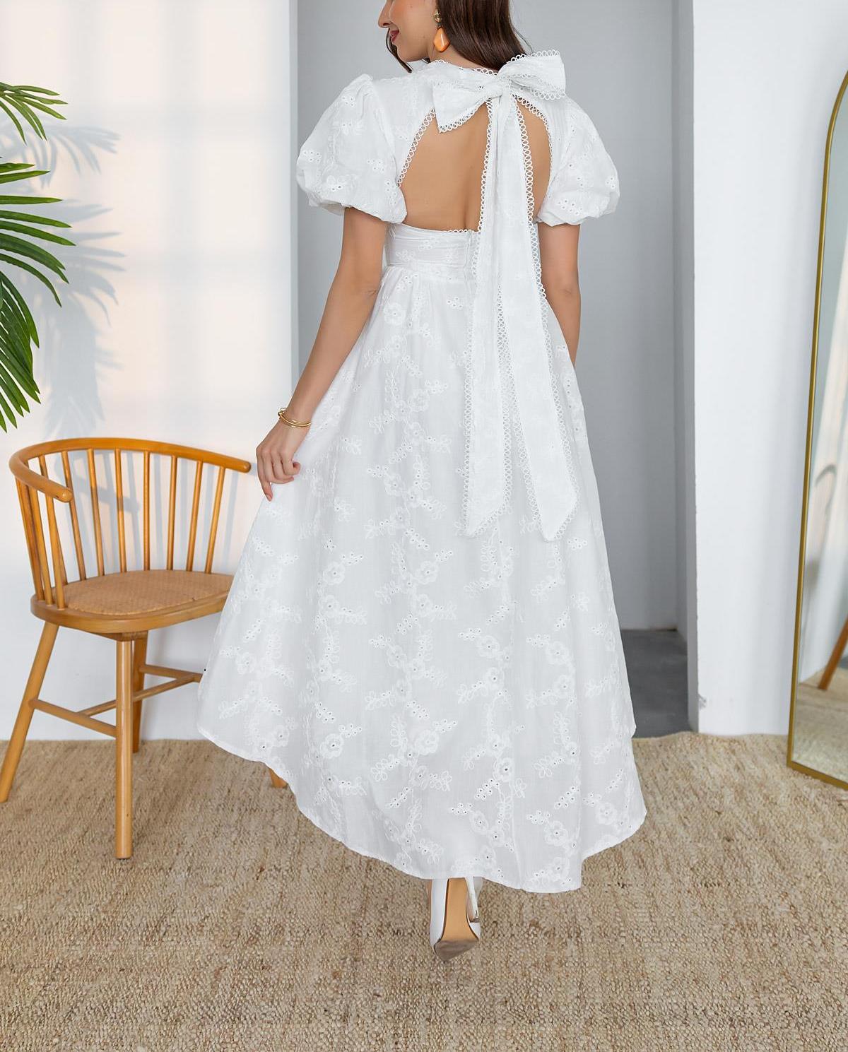 White Backless Embroidered Dress
