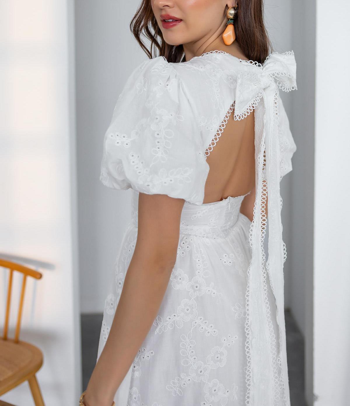 White Backless Embroidered Dress
