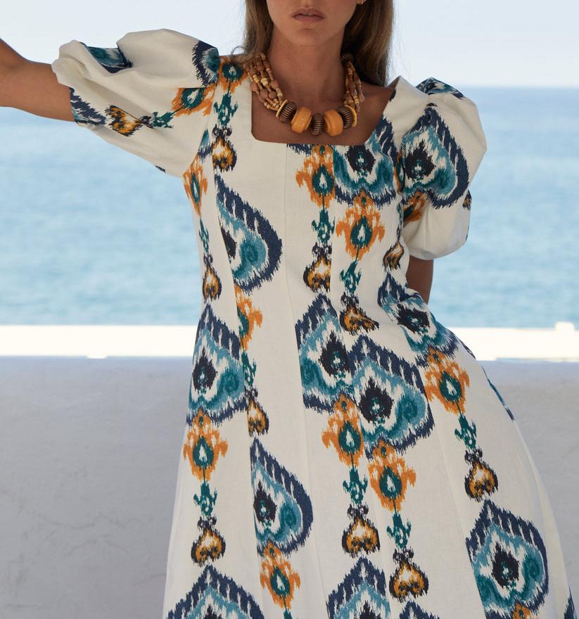 Square Neck Printed Midi Skirt