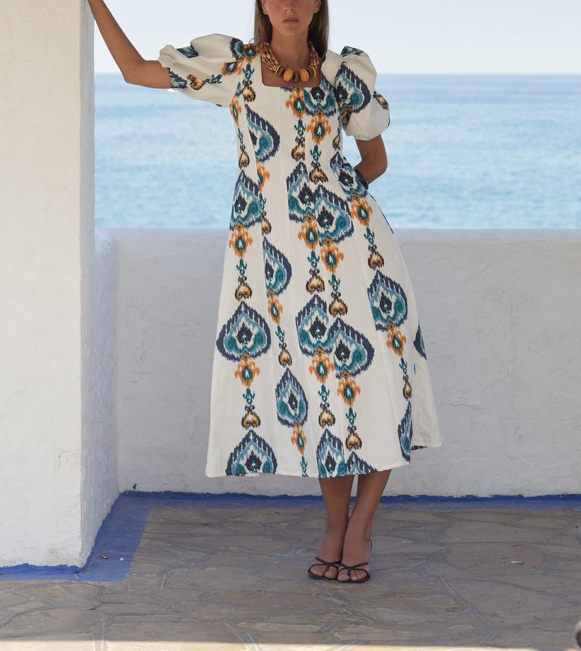 Square Neck Printed Midi Skirt