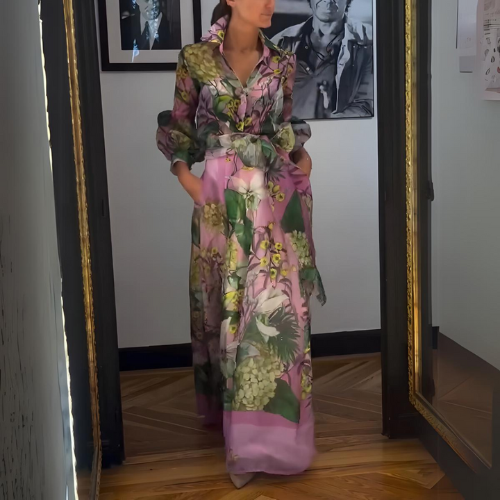 Tulle Floral Print Elastic Waist Belt Pockets Maxi Skirt
