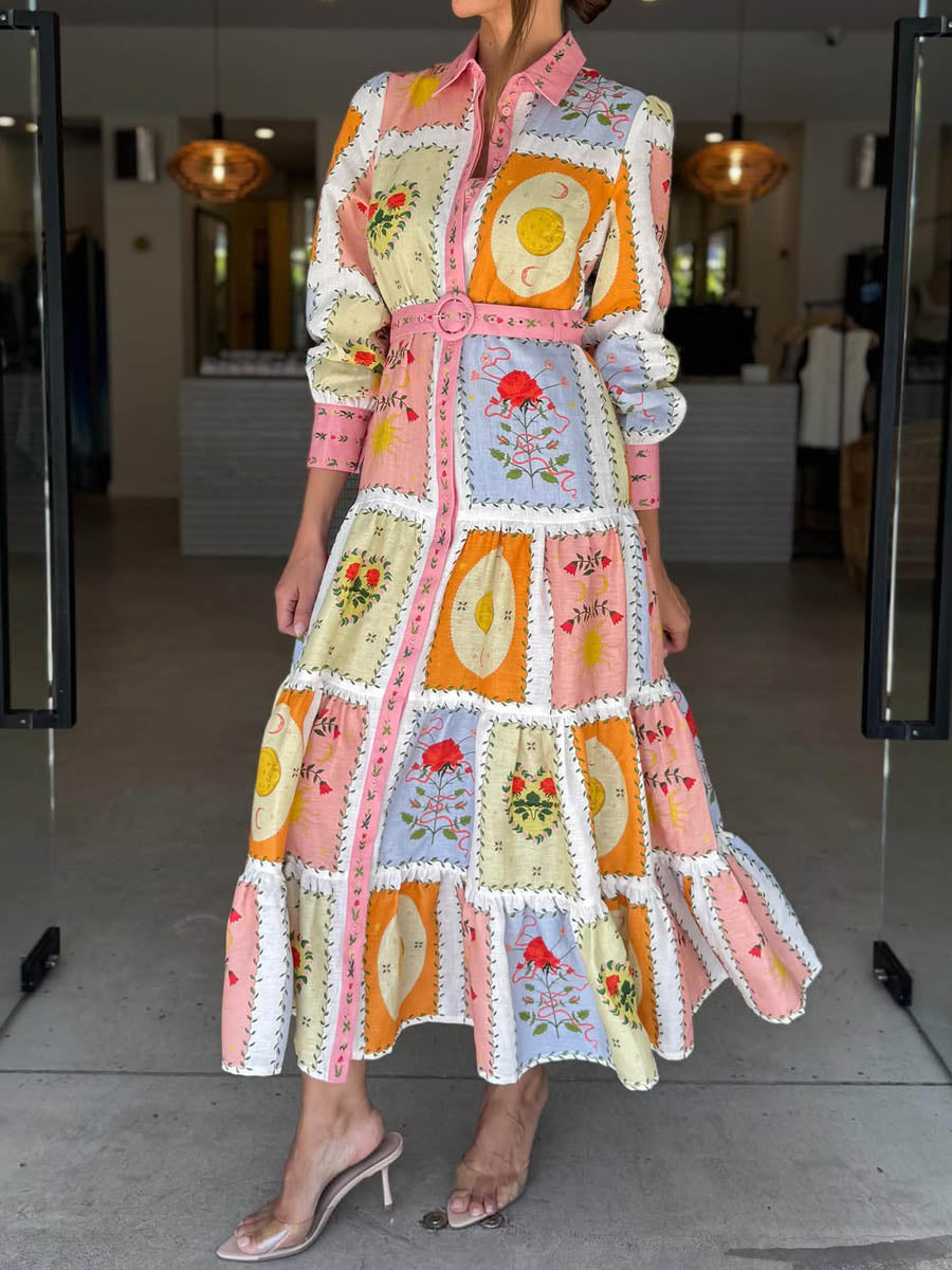Printed Long Sleeve Belted Maxi Dress