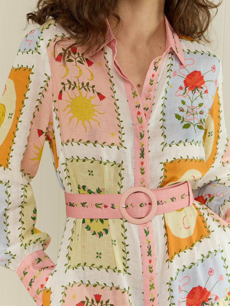 Printed Long Sleeve Belted Maxi Dress
