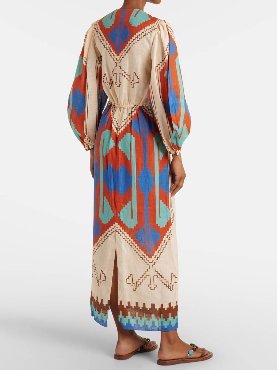 Printed Tie-detail V Neck Dress