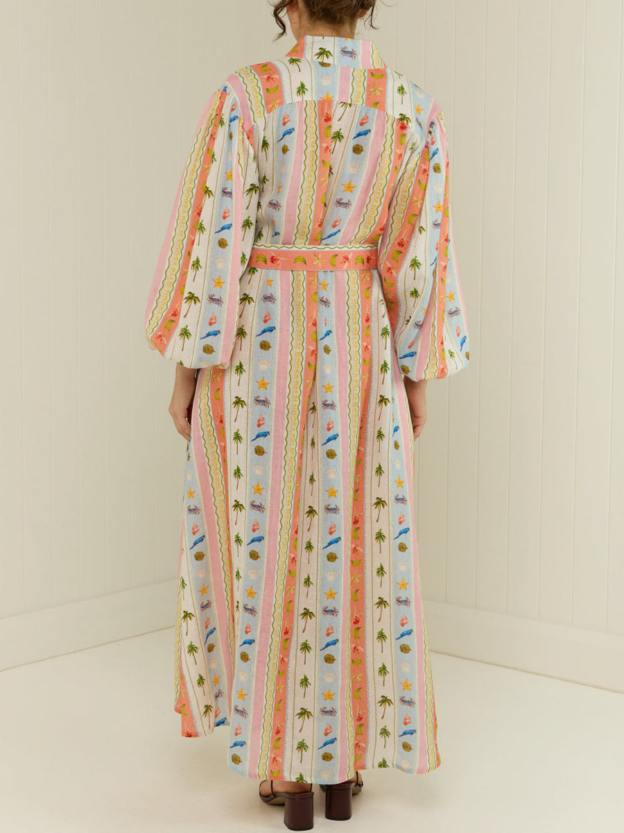 Printed Button Up Belted Maxi Dress