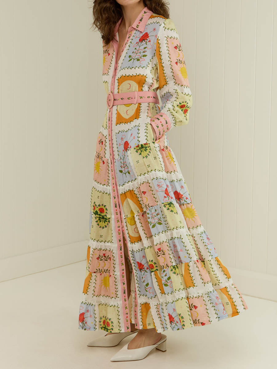 Printed Long Sleeve Belted Maxi Dress