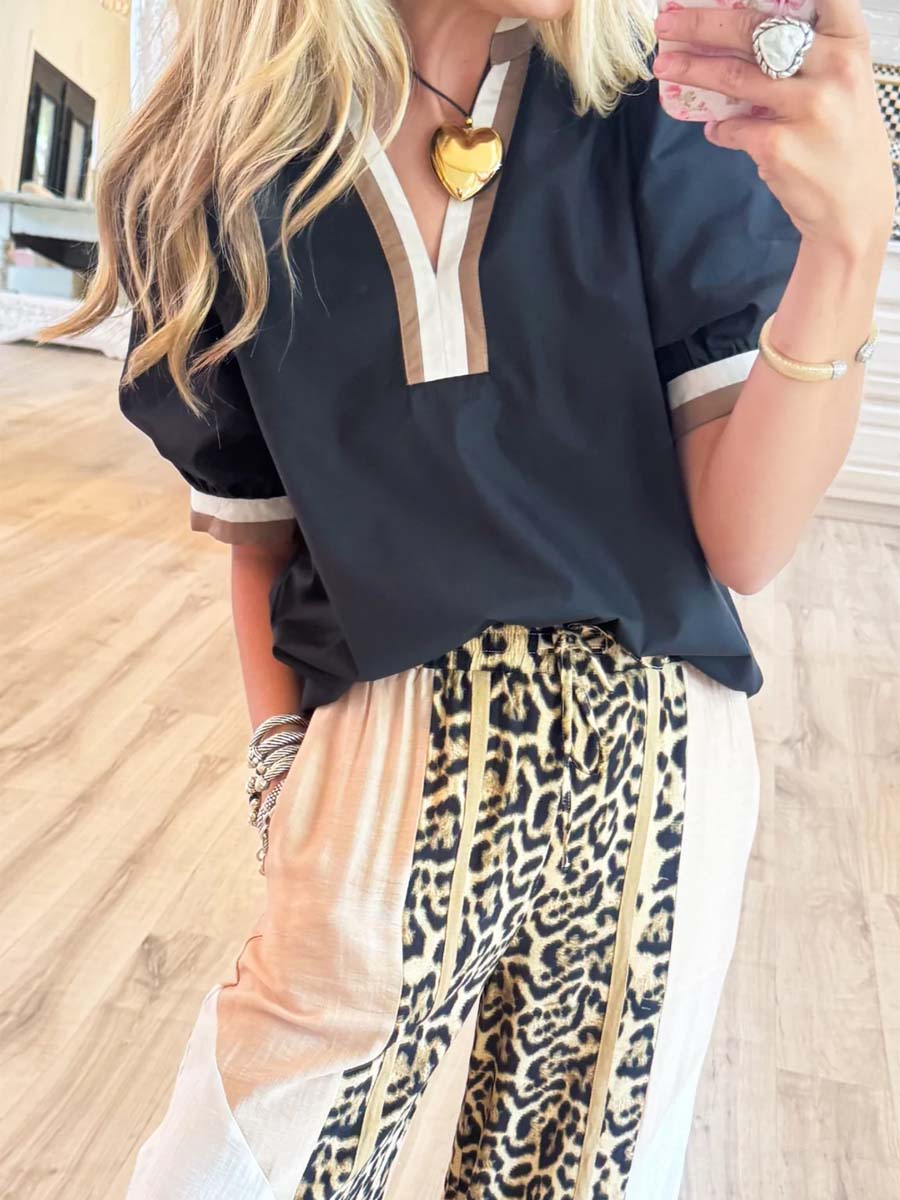 Ballon Sleeve Top & Leopard Print Wide Leg Pants
