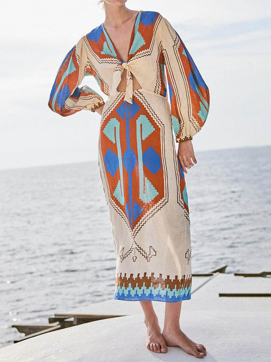 Printed Tie-detail V Neck Dress
