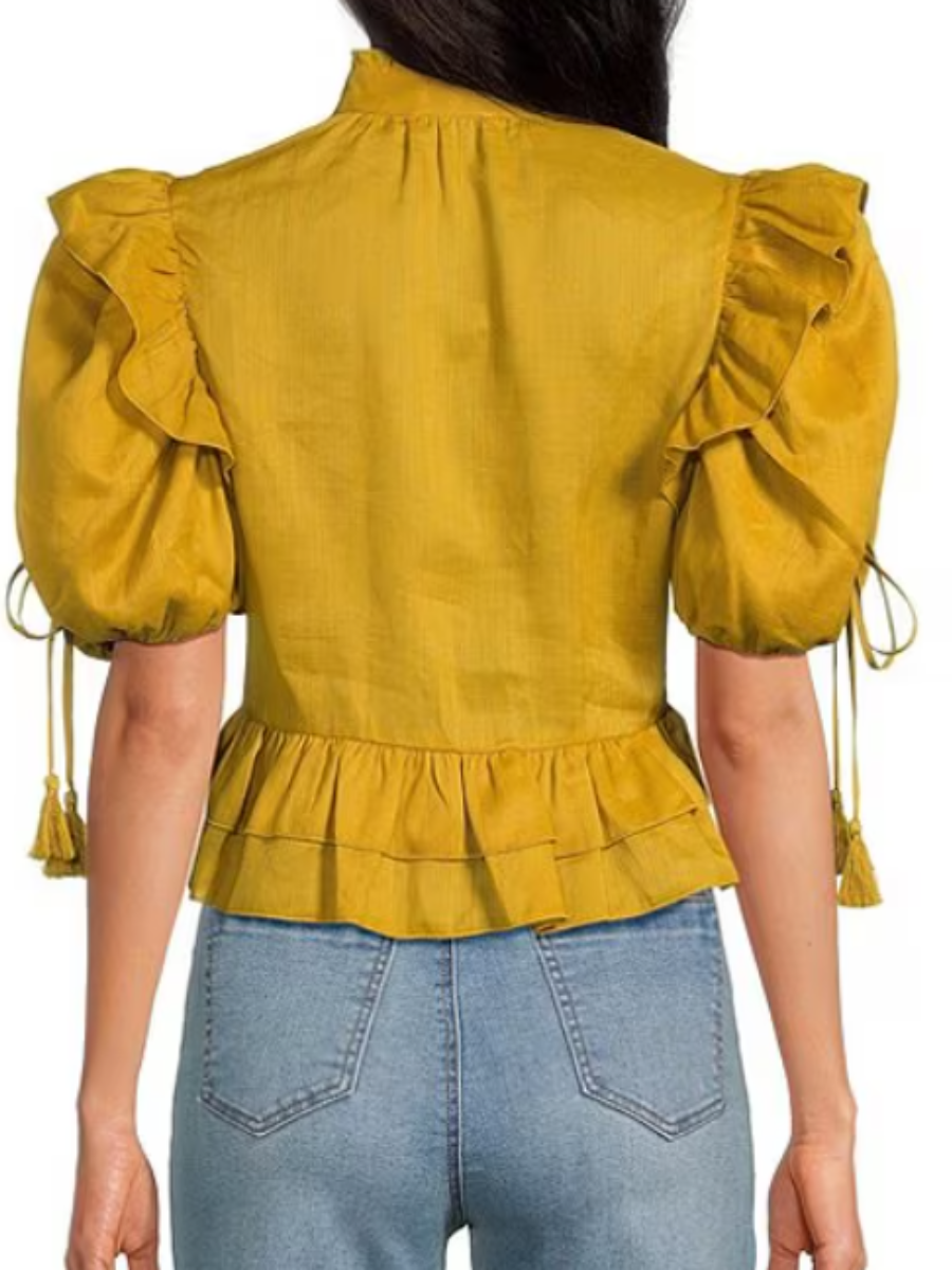 Woven Ruffled Split V-Neck Top