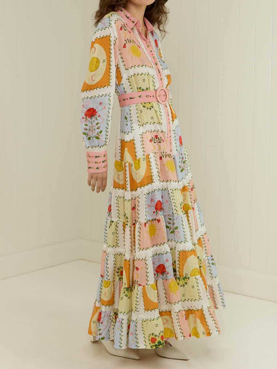 Printed Long Sleeve Belted Maxi Dress