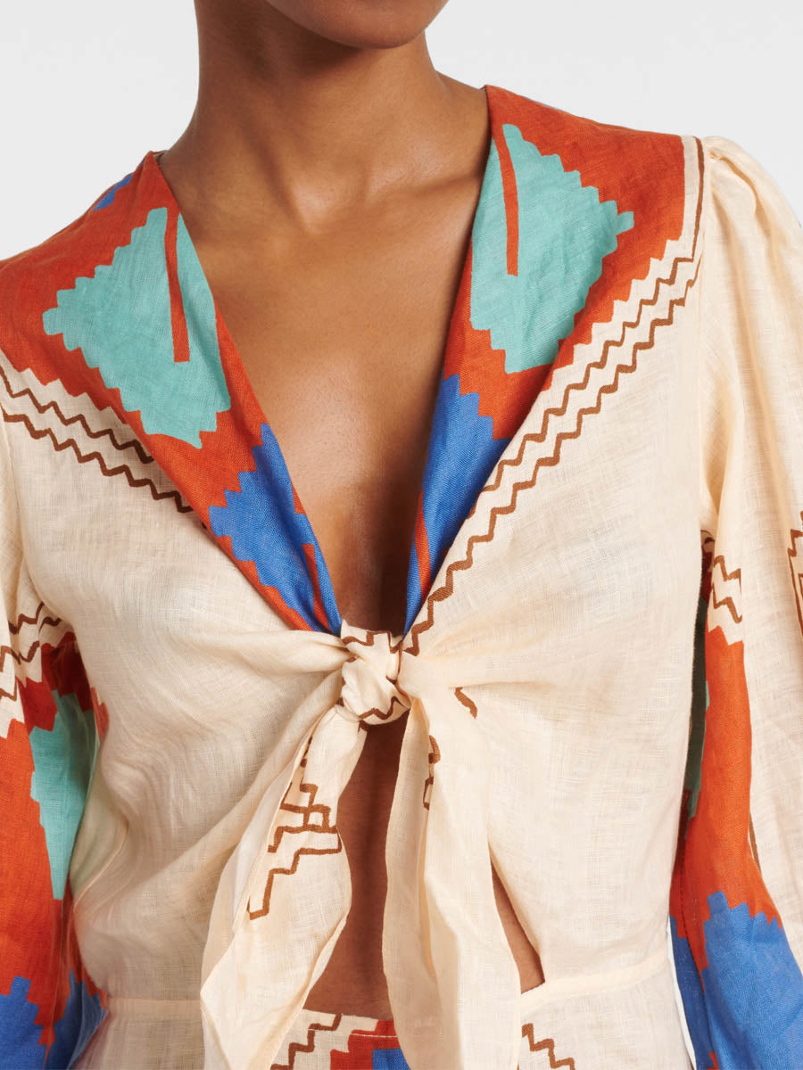 Printed Tie-detail V Neck Dress