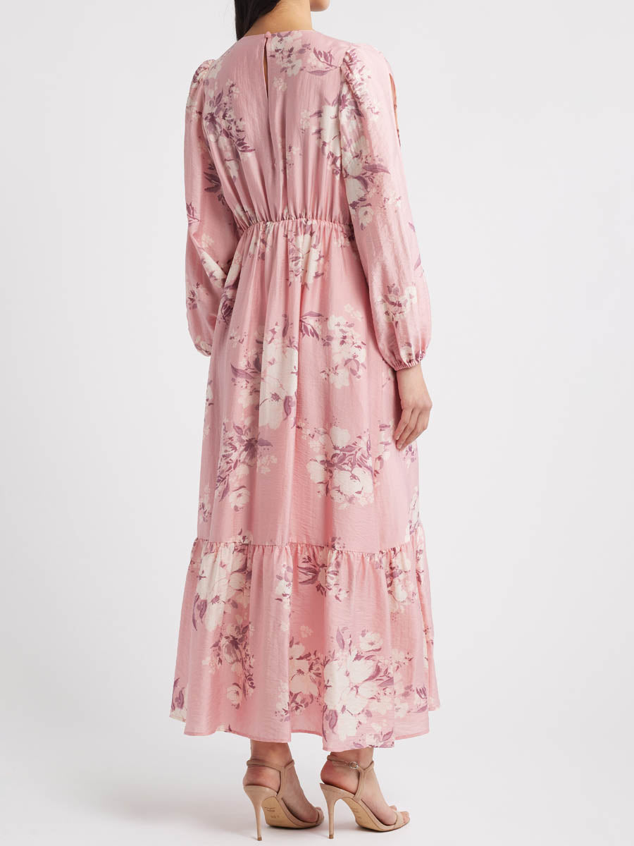Floral Print Long Sleeve Tie Front Maxi Dress