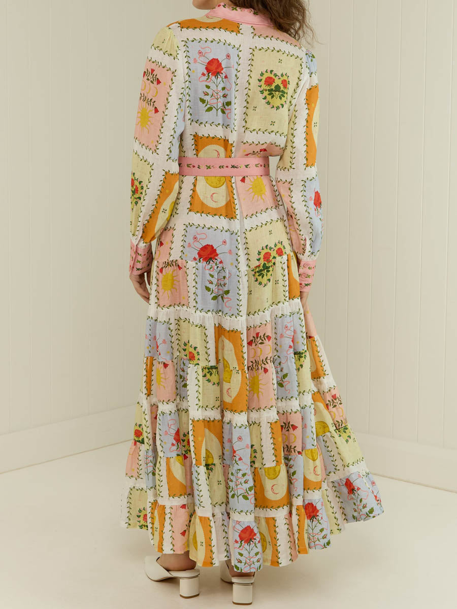 Printed Long Sleeve Belted Maxi Dress