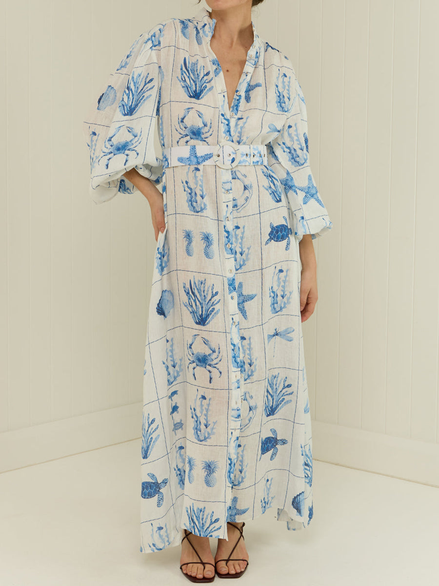 Printed Button Up Belted Maxi Dress
