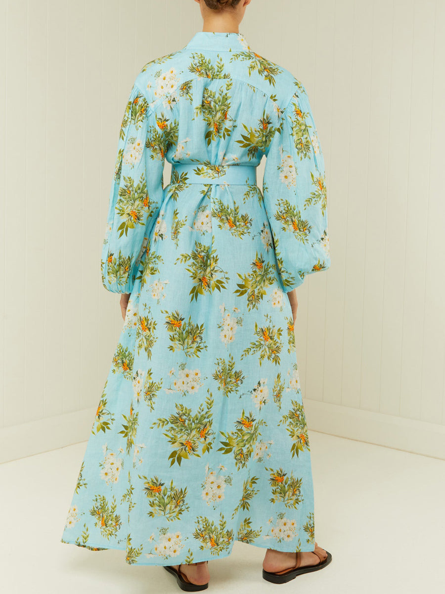 Printed Button Up Belted Maxi Dress