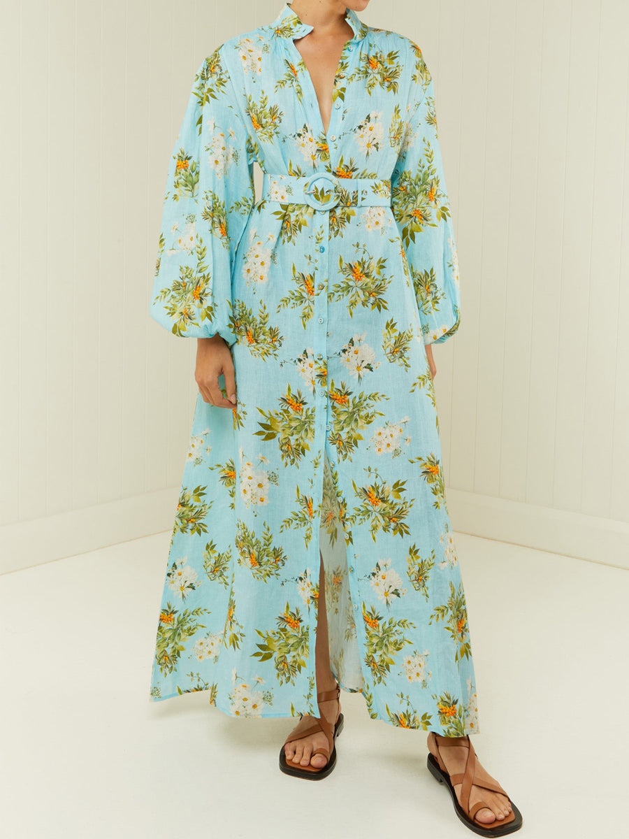 Printed Button Up Belted Maxi Dress