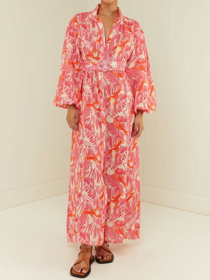 Printed Button Up Belted Maxi Dress