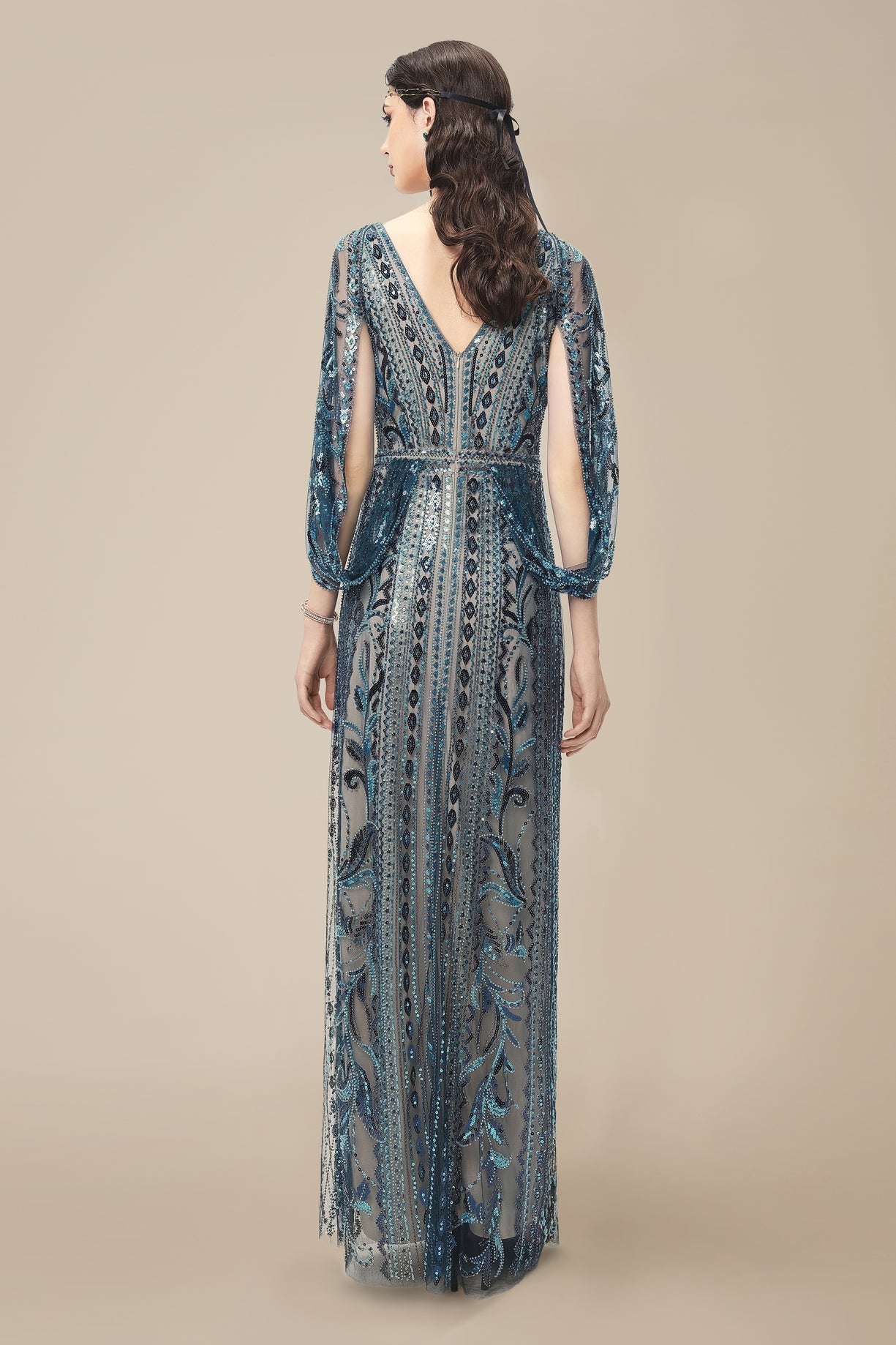 Glittering Sheer-Sleeve Sequined Evening Gown