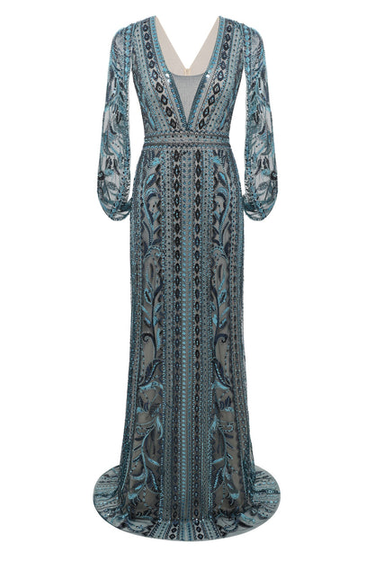 Glittering Sheer-Sleeve Sequined Evening Gown
