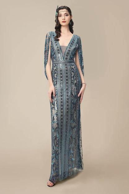 Glittering Sheer-Sleeve Sequined Evening Gown