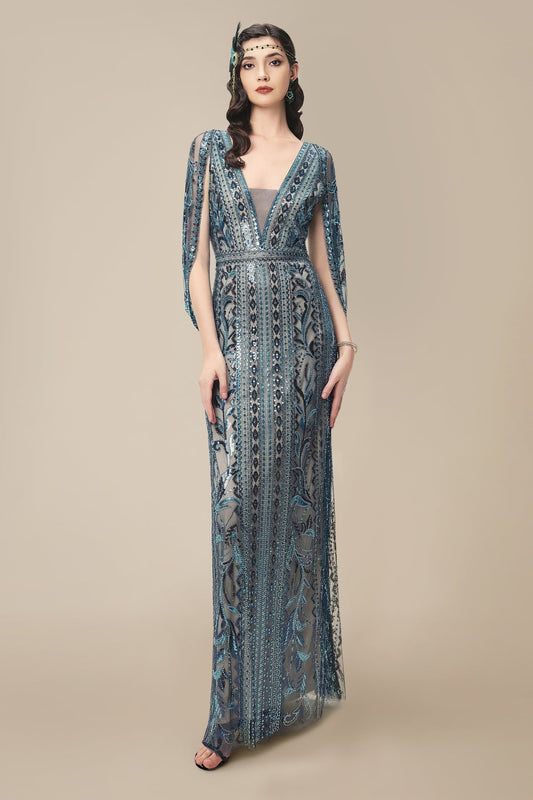 Glittering Sheer-Sleeve Sequined Evening Gown