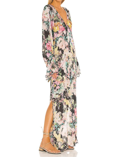 Black Floral Long Sleeve Caftan