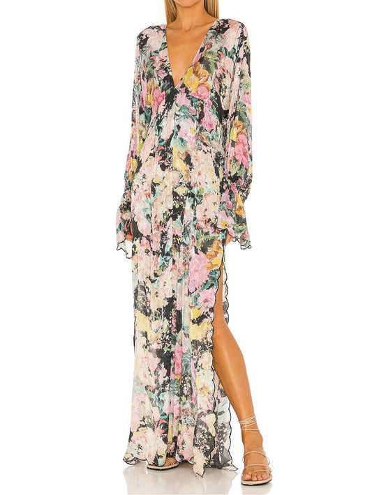 Black Floral Long Sleeve Caftan