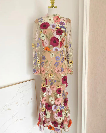Long Sleves Floral Embroidery Fishtail Midi Dress