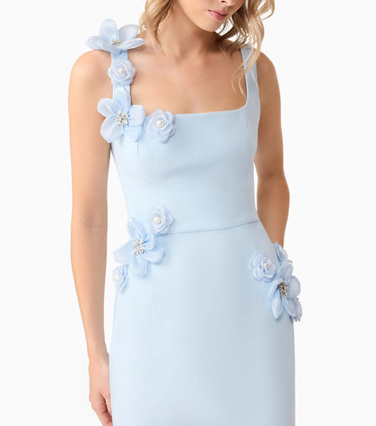 3D Midi Dress In Blue | Floral Detail
