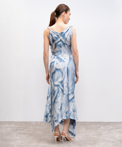 Asymmetric Draped Midi Dress In Ice Blue Satin Flowers