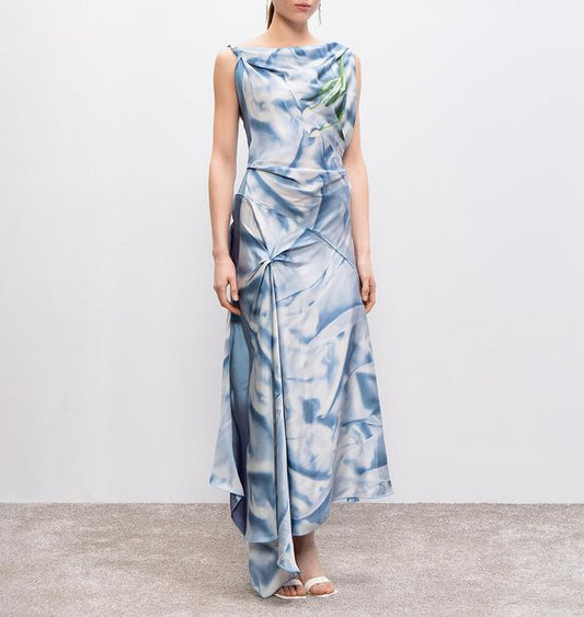 Asymmetric Draped Midi Dress In Ice Blue Satin Flowers