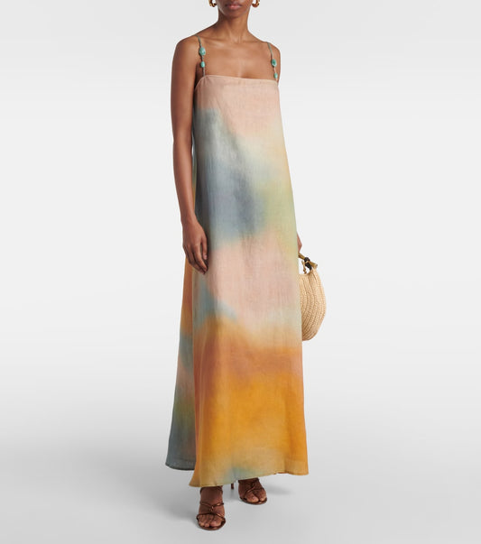 Bead-Embellished Linen Maxi Dress