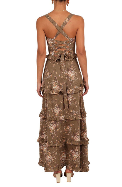 Women's Olive Print Tiered Maxi Dress